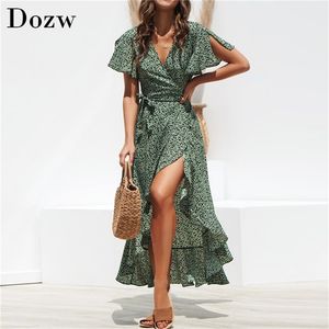 Summer Beach Maxi Dress Women Floral Print Boho Long Chiffon Ruffles Wrap Casual V Neck Split Sexy Party Robe 220630