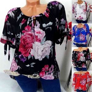 S-5XL Plus Size Tops Büro Frauen Kurzarm Bluse Vintage Blumendruck Blusen Casual Chiffon Pullover Mode Lose Hemd 210326