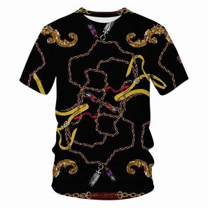 メンズTシャツブランドメンズファッションラグジュアリーゴールドチェーン3Dプリント半袖シャツoネックルーズティーカジュアルトップ
