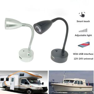 Wall Lamps RV LED Reading Light DC12V 24V Smart Touch Dimmable Flexible Gooseneck Wall Lamp For Motorhome Yacht Cabin with USB Charger Port