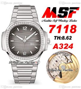 MSF 7118 A324 Automatische Damenuhr für Damen, Diamanten, Lünette, graues, strukturiertes Zifferblatt, Edelstahlarmband, Super Edition-Uhren, Puretime B2