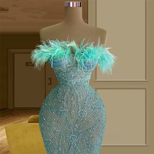 Princess Sky Blue Feathers Luxury Prom Dresses Strapless Sequined Evening Dress Custom Made Beaded Mermaid See Through Red Carpet Celebrity Party Gown