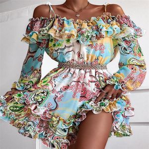 Lässige Kleider Frühling und Herbst bedruckte Laternenärmel Lotusblattkragen Prinzessinnenkleid Street Fashion Sweet DressCasual