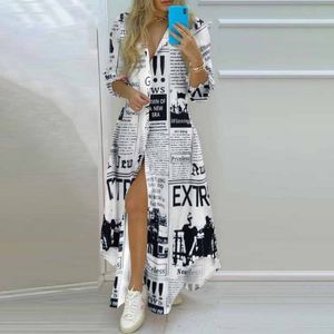 2022 Ny lång skjortklänning Kvinnor Single Breasted Button Lapel Long Sleeve Dress Spring Summer Letter Print Overdimensionerade mantelklänningar