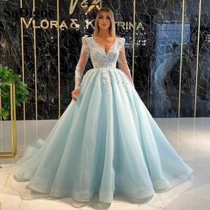 Mavi zarif A-line dantel balo elbiseleri prenses uzun kollu v boyun aplike pullar zarif 3d dantel fırfırlar zemin uzunluk parti önlükleri artı boyutu özel yapılmış