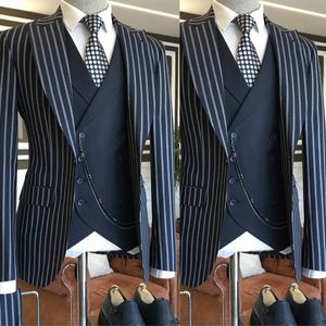 Men's Blue Stripe Slim Fit Tuxedo - 3 Piece Wedding Prom Suit with Jacket, Pants & Vest