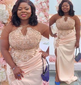 2022 Plus Size Arabski ASO Ebi EBI Szampan Luksusowa Płaszcza Prom Dresses Sheer Neck Evening Formal Party Drugi Reception Urodziny Suknie Zaręczynowe Dress ZJ266