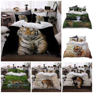 3D Bedding Sets Black Duvet Quilt Cover Set Soft Skin Friendly Polyester Quilt Cover with Pillowcase King Queen 200x230cm Size Animal Tiger Design Printed