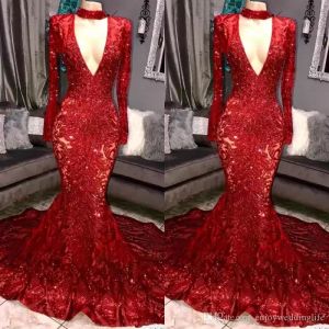 Red Sequins Sparkly Prom Dresses Designer Plunging V Neck Long Sleeves Ruched Custom Made Evening Party Gowns Formal Ocn Wear Plus Size Vestidos estidos