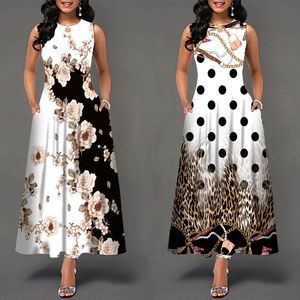 2022 Damen-Vintage-Kleid, ärmelloses langes Kleid, Positionierungsdruck, großer Swing-Rock, böhmisches Retro-Langrock-Kleid für Damen