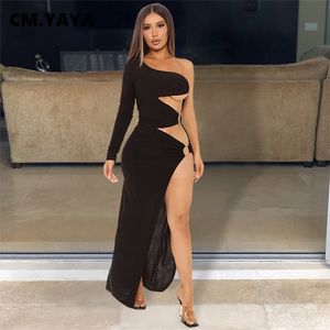 CM.YAYA Frauen Maxi Kleid Solide Eine Schulter Volle Hülse Skew Kragen Aushöhlen Splited Lange Kleider Sexy Nacht Party Vestidos 220516