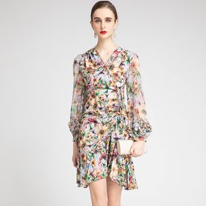 Women's Runway Dress Sexy V Neck Long Sleeves Floral Printed Draped Ruched Ruffles Fashion Sheath Designer Dresses Vestidos