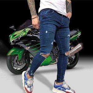 Moda StreetWar Czarne chude dżinsy męskie dziura kolanowa rozciągnięta szczupłe dżinsowe spodnie solidny kolor Elastyczne motocykl hip -hopowe dżinsy G0104