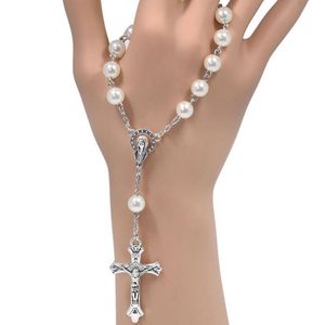 8mm imitação pérola pulseira de rosário católico mulheres religiosas cristianismo virgem maria jesus cruz crucifix pulseira sy222