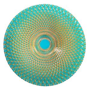 Kaleidoscope Glass Charger Plate 13" Large Under Dishes Turquoise and Gold Round Serving Tray for Wedding Restaurant Hotel Event Supplies