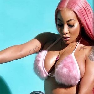 Pembe Kabarık Faux Kürk Camis Seksi Halter Sutyen Kırpma Üst Kadın Backless Bandaj Bralette Kaşkorse Sonbahar Parti Clubwear 220318