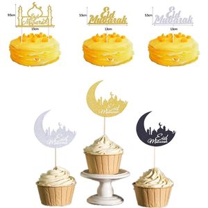 110pcs Glitter Gold Prata Eid Mubarak Cupcake Toppers Ramadan Umrah para Muslim Party Cake Decoration Y200618