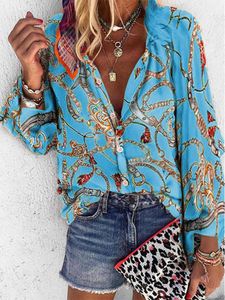 Women's Blouses & Shirts Western Fashion Plus Size Ladies Blouse V-neck Long Sleeved Chains Printed Loose Casual Ladiess Tops BlusasWomen's