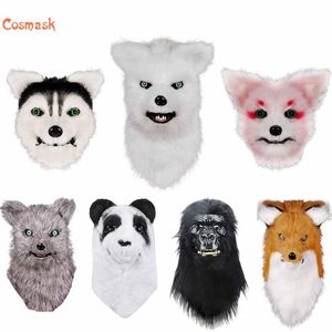 Cosmask Movable Mouth Head Mask Anime Panda Tiger Husky Orangutan Sztuczne futro dla kostiumów na Halloween Party 220715