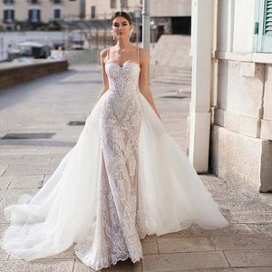 Glamorous Spaghetti Straps Wedding Dresses Sweetheart Bridal Gown Custom Made Detachable Train Lace Appliques Wedding Gowns
