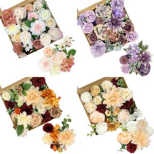 装飾的な花の花輪葉付き人工花ギフトボックスアレンジメントdiyウェディングブーケブライダルシャワーデセクスのための花柄の箱