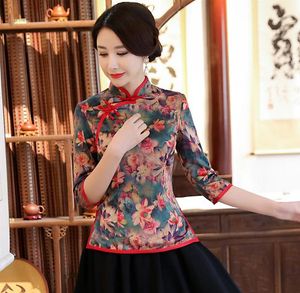 Kvinnors blusar skjortor Summer Women's Shirt Topps Vintage Chinese Lady Silk Blus Kort ärmknapp Qipao Mujer Camisa Size S M L XL