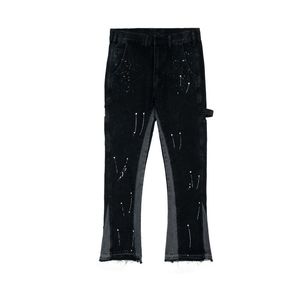 Patchworkowe dżinsy malowane męskie proste dorywczo spodnie rozkloszowane luźne hip-hopowe sprane spodnie jeansowe w stylu retro