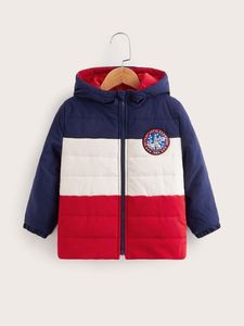 Toddler Boys Color Block Embroidery Patched Hooded Puffer Coat SHE