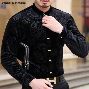 Kinesisk stil personlighet drake mönster tryck mode lång ärm skjorta höstkvalitet guld sammet män skjorta m-xxxl 220516