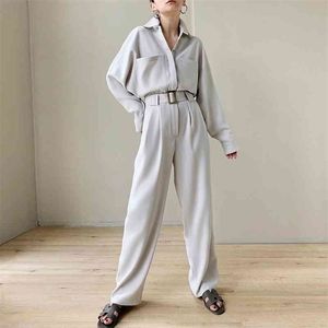 Lautaro Beige schwarzer langer, lockerer Overall für Damen, Gürtel, lange Ärmel, Plus-Size-Jumpsuits für Damen, Hemd-Jumpsuit für Damen, 210326