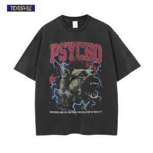 TIDESHEC Mens Camiseta Carta Vicious Dog Tshirt Lavado Oversize Solto Casual Gráfico Tee Top Homens Mulheres Harajuku Camiseta 220610