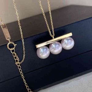 Japanese Akoya sea pearl pendant t family same K gold three balance beam Necklace female Yao Chen