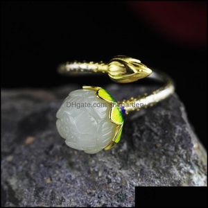 Pierścienie zespołowe biżuteria 925 szterling Sier Lotus Pierścień z białym jadejem dla kobiet kamieniem naturalnym vintage cloisonne otwarta dostawa 2021 roh89