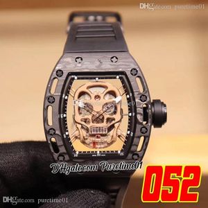 Skull 052 Miyota Automatic Mens WatchカーボンファイバーシャンパンスケルトンダイヤルブラックラバーストラップスーパーエディションPuretime01 E69C1