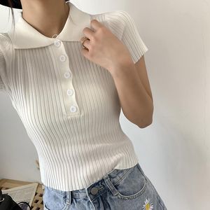 ファッションTシャツの女性半袖トップトップニットボタンシャツカジュアルレッドホワイトトップソリッド7色