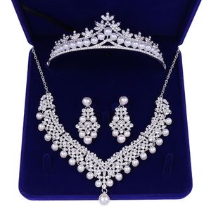 Örhängen halsband silver färg simulerade pärlor lyxiga kristall kostym smycken uppsättningar strass choker tiara brud bröllop krona