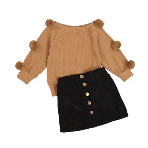 Outono inverno crianças bebê menina de manga comprida bola de confecção de malhas camisola tops a linha botão saia 2 pcs meninas roupas conjunto 220326