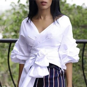 White Shirts Blouses Peplum Tops Puff Sleeves with Waist Belt Bowtie V Neck Large Size Women's Fashion Female Clothes Blusas 210308