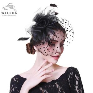 Gierige rand hoeden Welrog Women Fancy Feather Party Wedding Headwear Fascinators Veil Dot Print Garenhoofdband met clips251Q