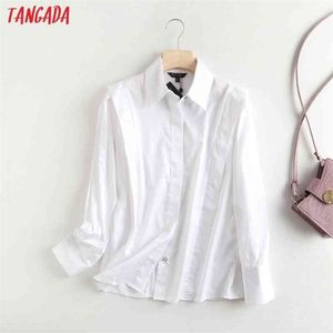 Tangada women high quality white cotton shirts long sleeve solid elegant office ladies pleated work wear blouses 6D65 210326