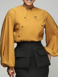 Women's Blouses & Shirts Women Tops Blouse O Neck Long Lantern Sleeve Button Up Office Lady Work Wear Autumn Spring Plus Size African Fashio