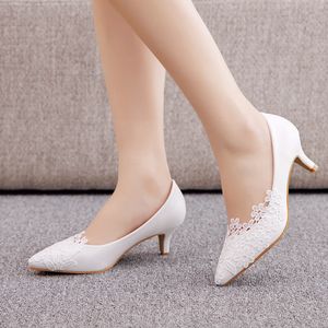 White Lace 5CM High Heels Wedding Shoes Bridal Party Pumps Ladies Shallow Mouth Pointed Stiletto