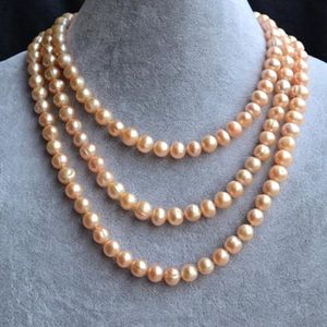 Handgeknüpfte Halskette aus natürlichen 7–8 mm rosafarbenen Süßwasserperlen, Pulloverkette, fast runde Perle, 142,2 cm