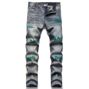 Jeans vintage Men Slim Fit Fit Legal Jean Pant Carta Imprimir Hip Hop Calça casual Summer Summer Outono Inverno