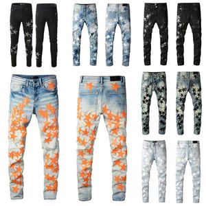 Man Designer Jeans Skinny Five Star Patch Straight Leg for Mens Fashion Knee Ripped Denim Pants With Hole Moto Hip Hop Distressed Black Blue Stretch Zipper Summer