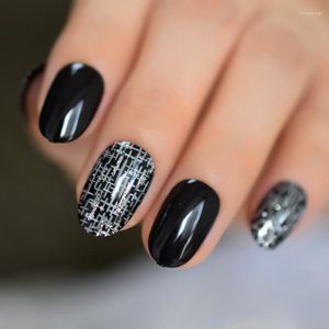 False unhas preto preto pré-projetado brilho oval artificial curto cinza brilhante unha falsa lisa sexy lady prud22