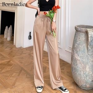 BornlaDies Hohe Taille Wide Bein Pant Feste Übergroße Seide Satin Vintage Grüne Frau Lässige Gerade Lose Hosen 220325