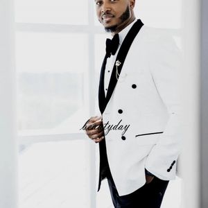 White Wedding Tuxedos Formal Men Suit Slim Fit Burgundy Collars Mens Suits Bespoke Groom Outfit Blazer for Wedding Prom Jacket And Pants With Bow