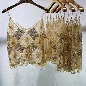 Sexy Hollow Out Women Lace Camis Bead Work plus size Canotte Top Bling Gold Paillettes 220325