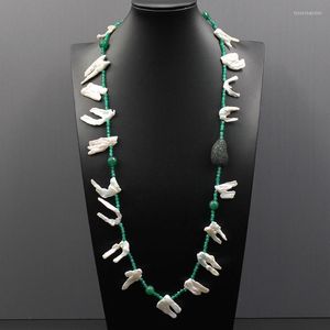 Pendant Necklaces Jewelry Cultured Freshwater White Pearl Freeform Keshi Green Agate CZ Beads Long Necklace 29" Handmade For WomenPenda